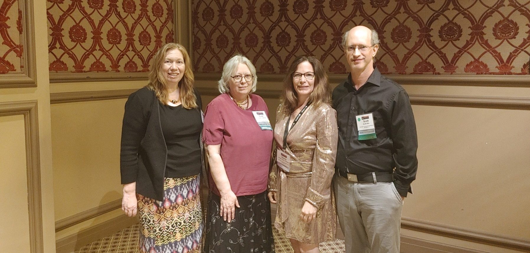 Photo of Jen Evans (West Hartford Community Interactive), Susan Huizenga (Wallingford Public Access Association), Sandy Austin Goldstein & Scott Allo (Newington Community TV)at the Hometown Media Awards celebration, during the 2022 ACM conference in Chicago.